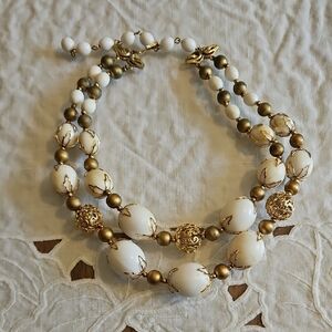 Gold and White Double Strand Beaded Necklace
